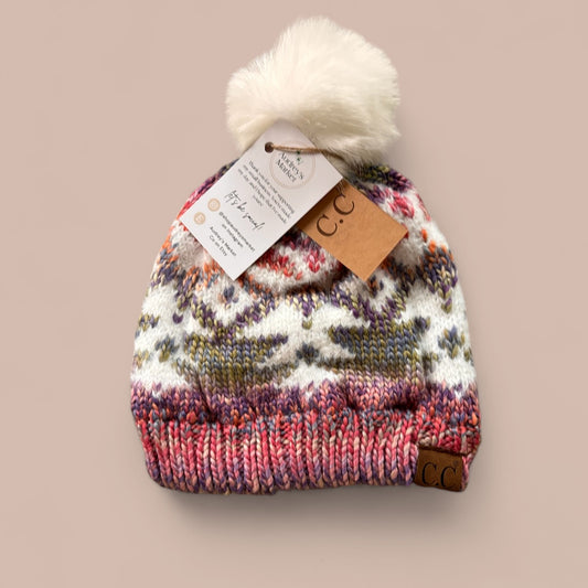 Womens C.C Aztec Patterned Faux Fur Pom Beanie Hat