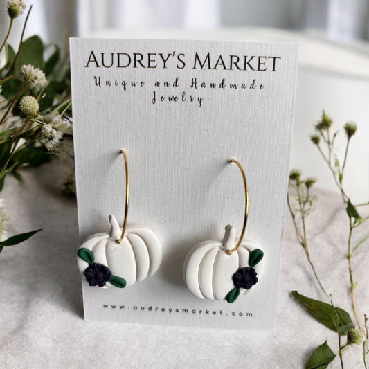Floral White Pumpkin Clay Gold Hoop Earrings