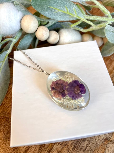 Purple Oval Pressed Flower Botanical Necklace