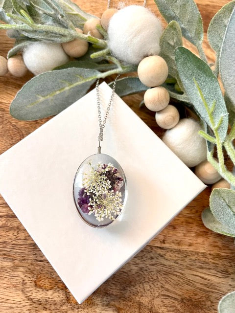 Purple Oval Pressed Flower Botanical Necklace