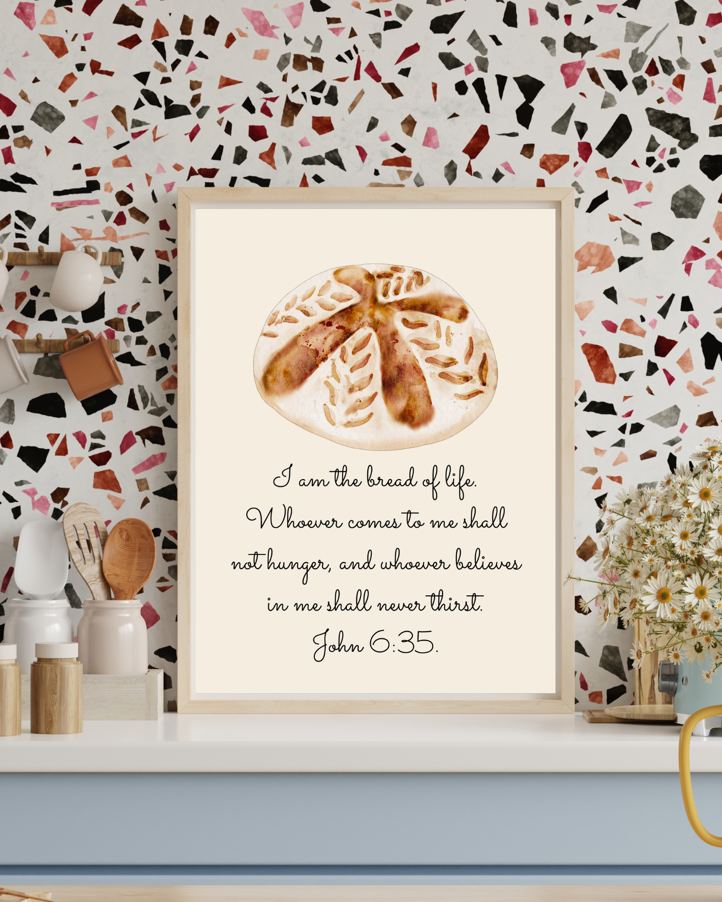Faith-filled kitchen décor showing John 6:35 scripture printable in a wooden frame with rustic accents