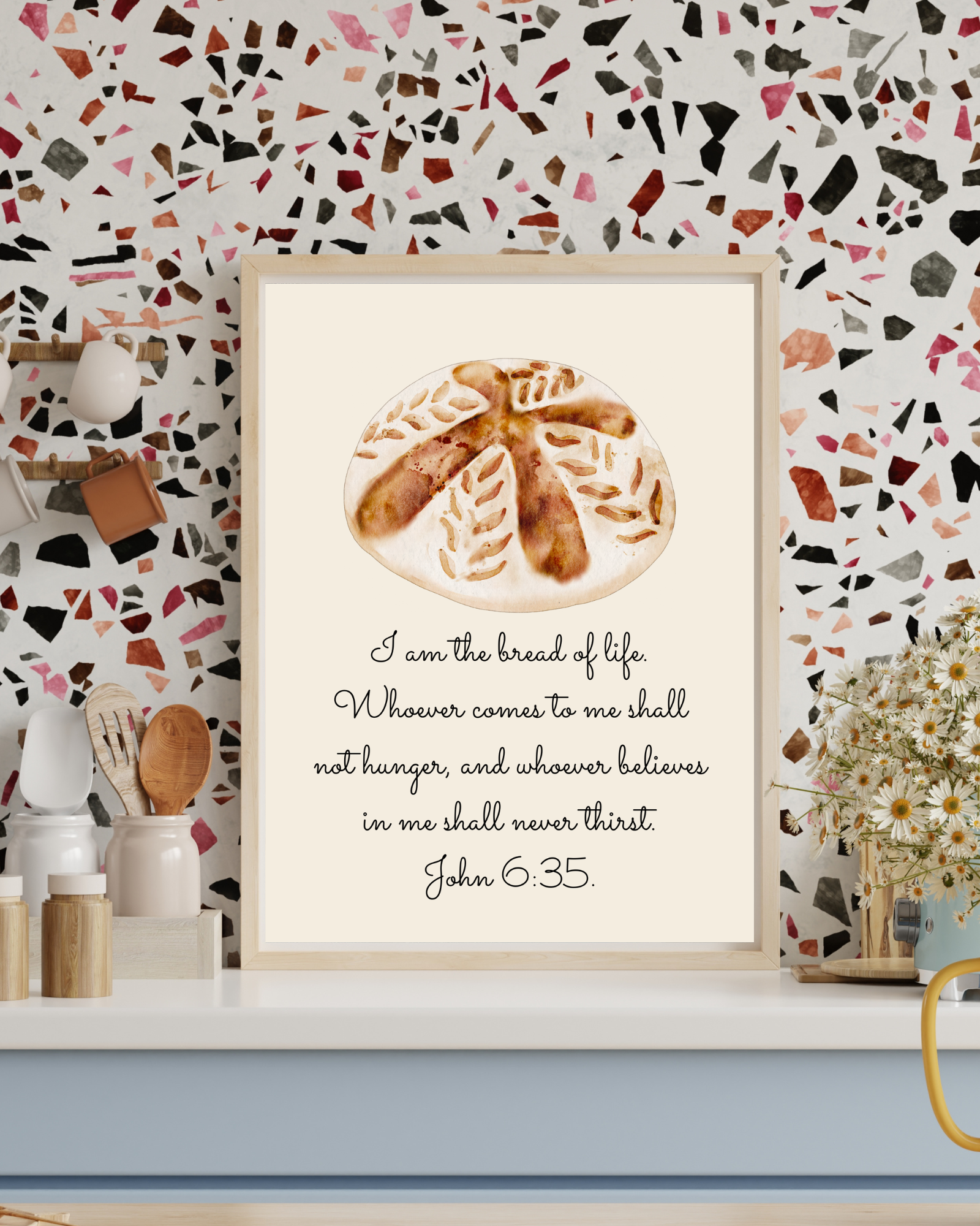 Faith-filled kitchen décor showing John 6:35 scripture printable in a wooden frame with rustic accents