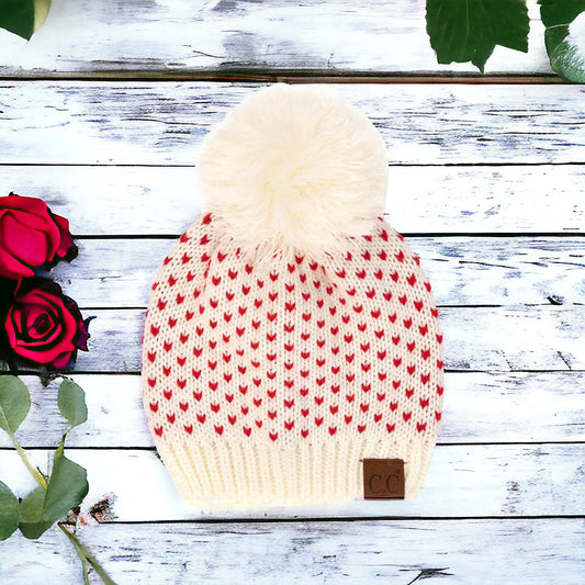 NEW CC Exclusive Womens Pom Knit Hearts Beanie - 4 Cute Styles!