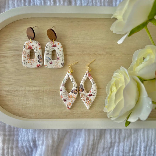 Handmade Butterfly Botanical Garden Clay Earrings - Available in Two Styles