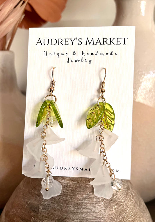 Lily Of The Valley White + Green Dangle Earrings