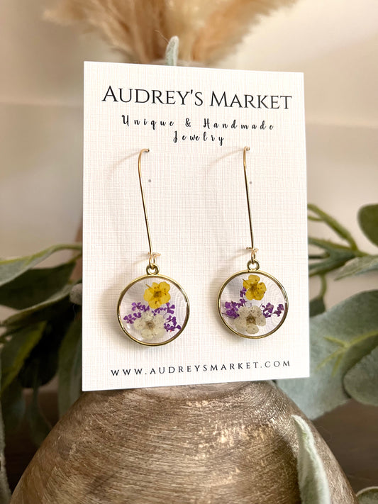 Resin Pressed Flowers Dangle Lavender + Yellow Earrings