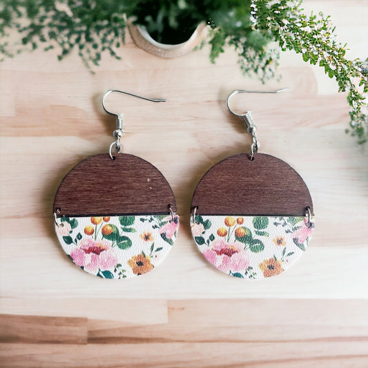 Lightweight Wooden Leather Botanical Floral Earrings