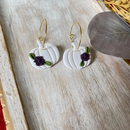 Floral White Pumpkin Clay Gold Hoop Earrings
