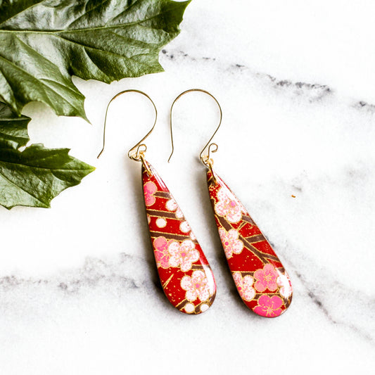 Teardrop Red Cherry Blossom Earrings