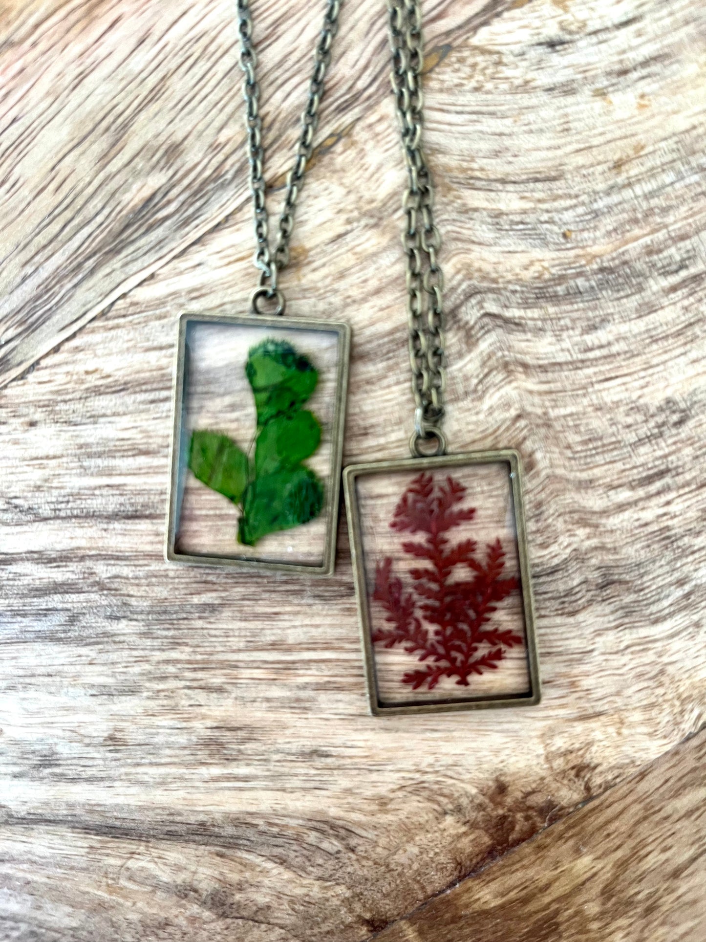 Pressed Dried Flower Botanical Resin Necklace - Green Fern or Red Flower + FREE GIFT BOX!