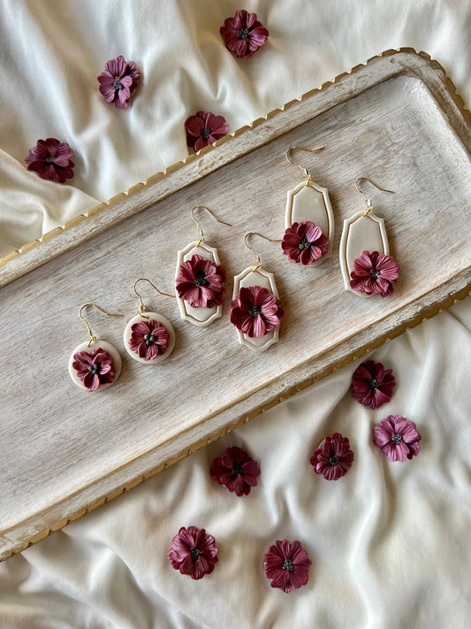 Deep Purple & Ivory Floral Clay Earrings