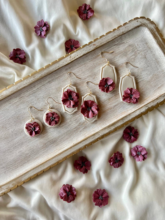Handmade Deep Purple & Ivory Floral Clay Earrings