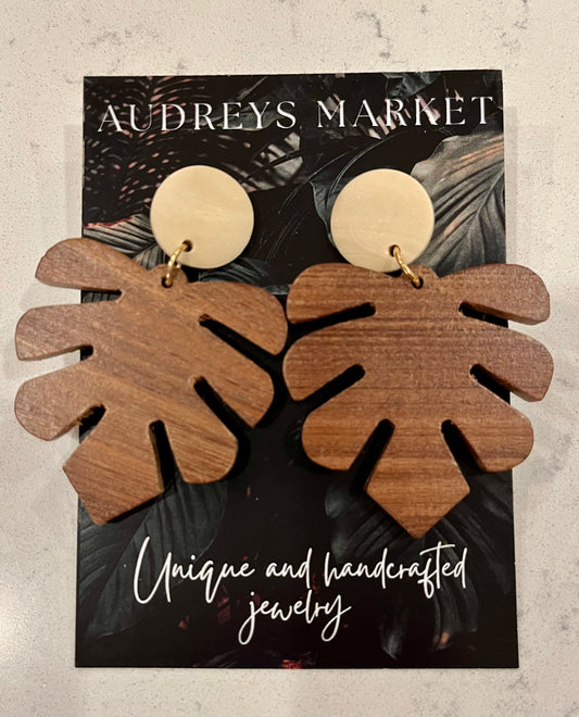 Wood Monstera Statement Earrings