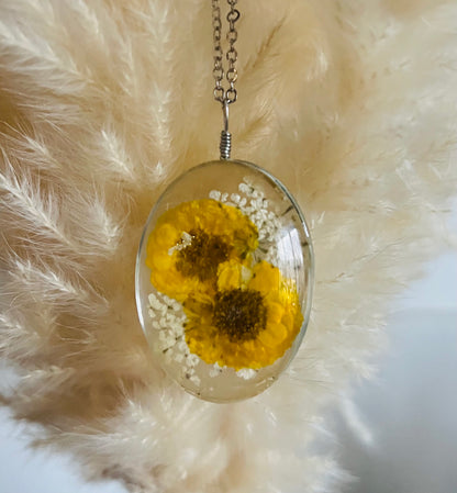 Pressed Flower Resin Botanical Glass Necklace in 3 Styles - Yellow Wildflower, Yellow Poppies, & Purple Poppy Design