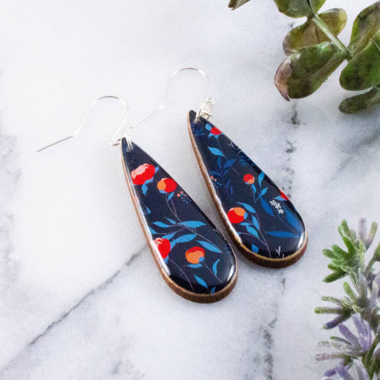 Teardrop Navy + Red Modern Peony Earrings